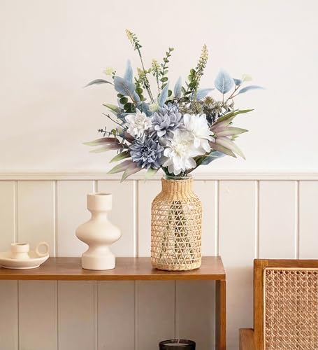 Artificial Flowers Bouquet, Silk Flowers Blue Fake Flowers Arrangement Faux Flowers for Home Decor, Vase Arrangement, Wedding Bouquets, Table Centerpieces Decor (Blue White No Vase)