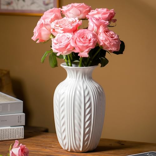 Lvases 10in Wheat Textured White Ceramic Flowers Vase Modern Home Decor | Unique Large Flower Vase, Rustic Decor for Living Room, Entryway Shelf Centerpiece & Office Floral Display ( Matte White )