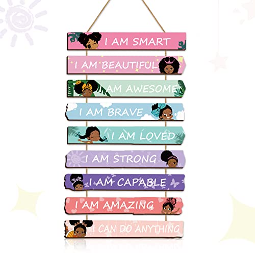 Set of 9 Black Girl Wall Art Decor Wood Motivational Girl Room Wall Art Rainbow Color Positive Inspirational Hanging Sign for Baby Kids Teen Present Bedroom Nursery Decoration
