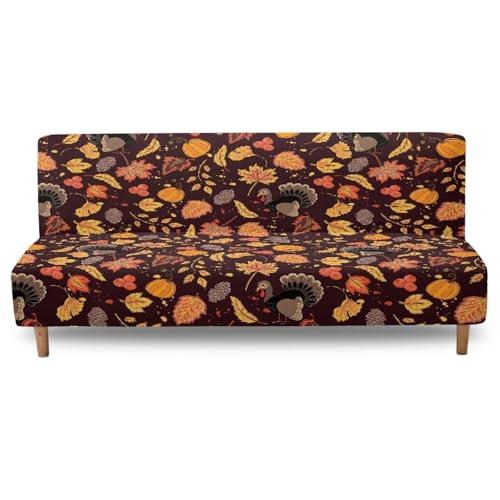 Thanksgiving Turkey Maple Futon Slipcover Armless Futon Bed Covers Stretch Furniture Protector Without Armrests with Elastic Bottom for Kids,Pets