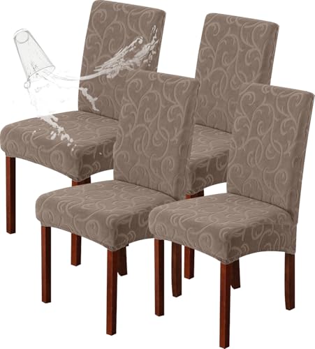 Genina Waterproof Dining Room Chair Covers Stretch Parsons Chair Slipcovers for Dining Room Kitchen Chair Protector Cover, Removable, Washable (4, Flower Pattern-Taupe)