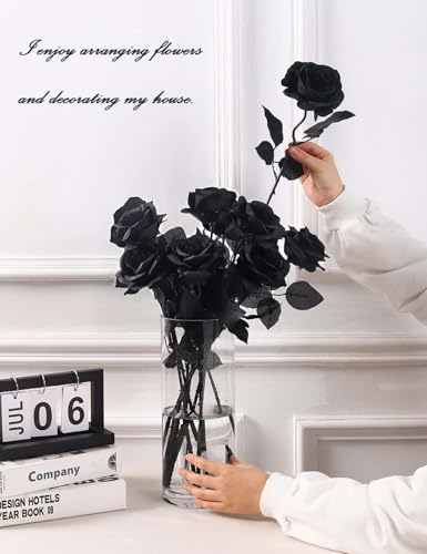 Laelfe 12 PCS Artificial Flowers Black Roses, Fake Silk Flower Long Stem Artificial Rose for Home Wedding Party Decorations(Black Halloween)