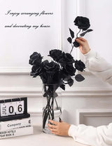 Laelfe 12 PCS Artificial Flowers Black Roses, Fake Silk Flower Long Stem Artificial Rose for Home Wedding Party Decorations(Black Halloween)