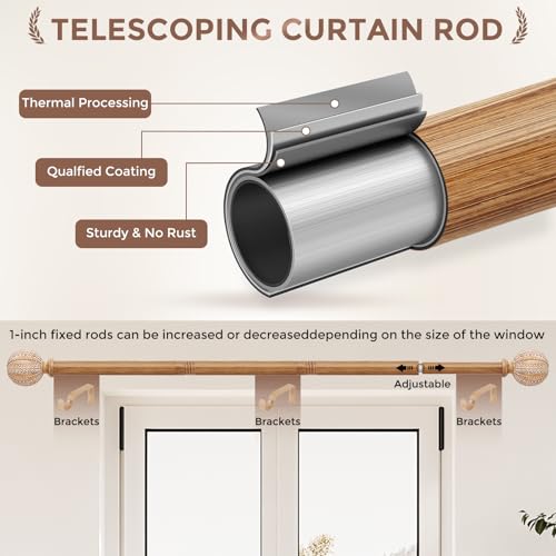 Wood Curtain Rod for Windows 48 to 84 Inch, 1'' Diameter Adjustable Heavy Duty Rustic Farmhouse Drapery Rods with Boho Imitation Wooden Grain Decorative Finials, Size: 30''-88'' – Light Wood