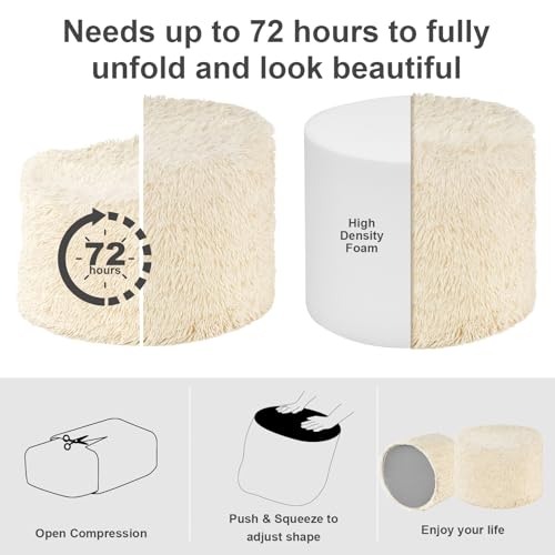 Hansleep Round Stuffed Pouf Ottoman 17 x 14, Foam Filled Faux Fur Ottoman Foot Rest for Chair with Washable Cover, Foot Stools Under Desk for Living Room & Bedroom, Beige