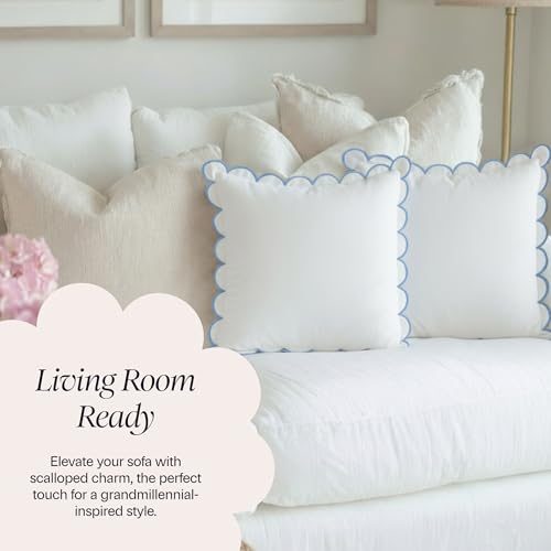 BEBE BASK Scalloped Pillow Cover - Set of 2-18 x 18 Inch - Scallop Pillow Cover – White and Blue Scalloped Pillows - Scallop Pillows - 100% Cotton - Grandmillennial Style (White/Blue)