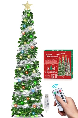 HMASYO 6 FT Pop Up Tinsel Christmas Tree with 100 Colored Timer Lights & Remote, Green Silver Collapsible Artificial Pencil Tree Xmas Decoration for Home, Office, Party, USB Powered, Easy Assembly