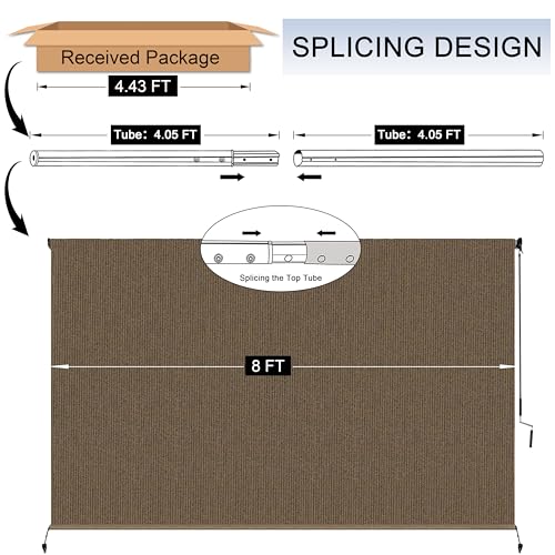 8'W x 8'H Mocha Patio Shades Roll up Outdoor Roller Shade Crank Wand Blind Cordless, 90% UV Blocking & Privacy Protection for Porch|Gazebo|Pergola|Backyard (2 Splicing Tube, 1 Fabric)