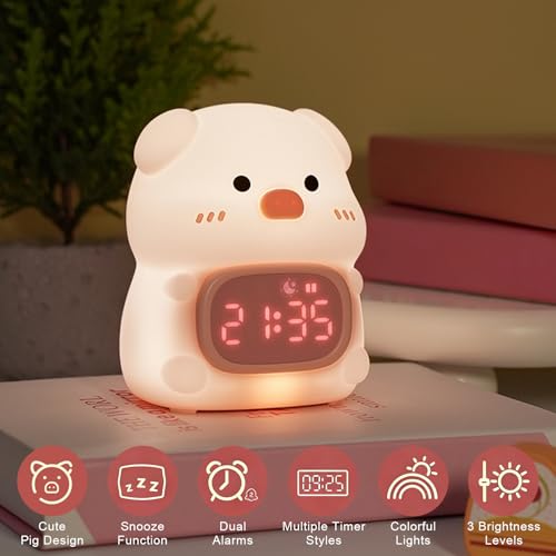 Pig Digital Alarm Clock with Night Light for Kids, Sleep Training Clock with RGB Lights, OK to Wake Clock, Rechargeable Cute Animal Silicone Lamp for Toddler Boys Girls Teens Birthday Room Decor (Pig)