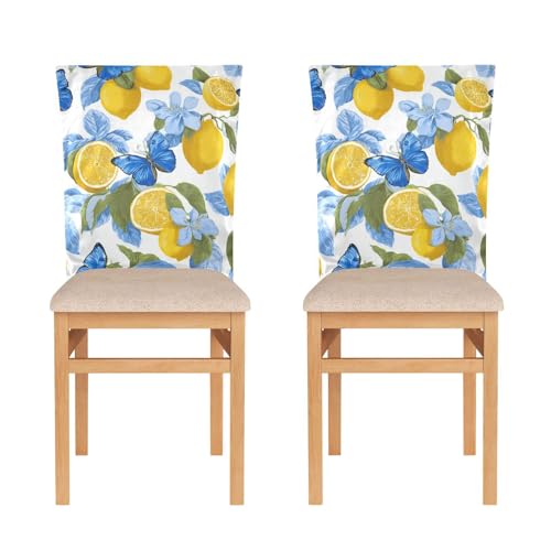 ALAZA Lemons Blue Butterfly Chair Back Cover Set of 2, Washable Reusable Removable Chair Slipcovers Decorative Chair Cover for Home Kitchen Wedding Party