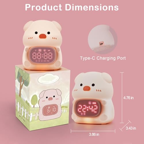 Pig Digital Alarm Clock with Night Light for Kids, Sleep Training Clock with RGB Lights, OK to Wake Clock, Rechargeable Cute Animal Silicone Lamp for Toddler Boys Girls Teens Birthday Room Decor (Pig)