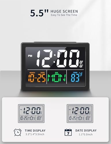 JALL Digital Clock with Date Day for Seniors, Electric Alarm Clocks for Bedrooms with Temperature, 2 Alarms, Dimmer, Dual USB Charger, Battery Backup, Volume Control, Snooze, Bedside Desk Clock, Black