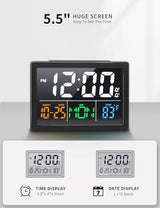 JALL Digital Clock with Date Day for Seniors, Electric Alarm Clocks for Bedrooms with Temperature, 2 Alarms, Dimmer, Dual USB Charger, Battery Backup, Volume Control, Snooze, Bedside Desk Clock, Black