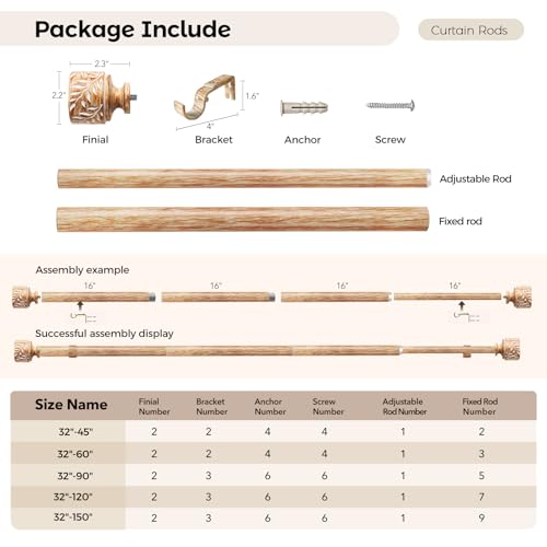 Boho Wood Curtain Rods for Windows 48 to 84 Inch, 1" Diameter Adjustable Heavy Duty Curtain Rod with Imitation Wooden Grain Leaf Pattern Finials, Rustic Decorative Drapery Rods, Size 32"-90"
