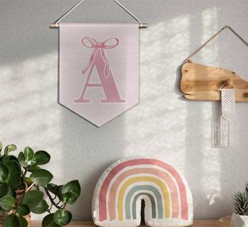 initial Personalized Preppy Canvas Hanging Pennant Flag Banner, Coquette Pink Bow Teen Girl Gifts,Trendy Cute Monogrammed Gifts Wall Decor for Women Teen Girl Nursery bedroom(A)