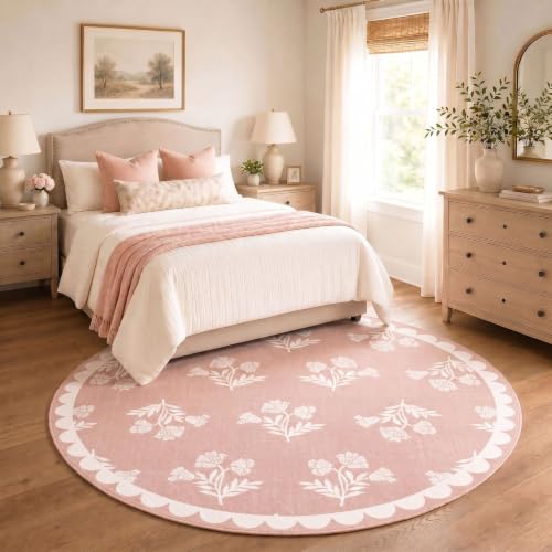 Pink Round Rug 4ft - Soft Washable Boho Floral Round Bedroom Rug