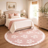 Pink Round Rug 4ft - Soft Washable Boho Floral Round Bedroom Rug