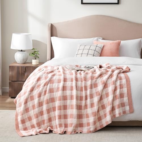 Snuggle Sac Checkered Throw Blanket for Couch, Super Soft, Cozy Warm Knit Decorative Blankets, Reversible Plaid Fluffy Throws for Sofa, Bed, Plaid Pink, 50x60 Inches