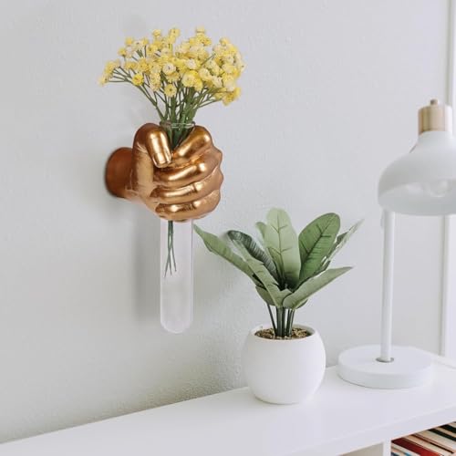 Gold Wall Sculptures, Hand Vases Home Decor, Wall Mount Art Sculpture, Unique Wall Art Statue, Funky Flower Vase Decorations, Modern Eclectic Hanging Decor,Glass Test Tube Vase