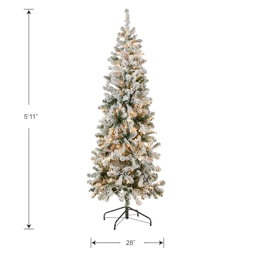 National Tree Company 6 ft Pre-Lit Flocked Acacia Slim Artificial Christmas Tree, 250 Clear Lights, 512 Tips, Includes Stand, Green