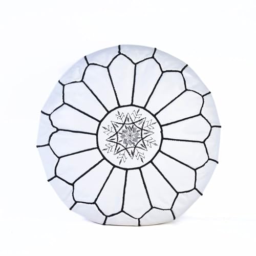 Handmade Moroccan Embroidered Leather Pouf | Delivered Unstuffed | Ottoman, Footstool, Footrest, Hassock, Floor Cushion, Coffee Table, Under Desk (White)