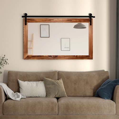 COGOOD Farmhouse Barn Door Mirror - 41" x 26" Rustic Wood Framed Wall Mirror for Bathroom, Living Room, Bedroom Wall Decor (Brown)