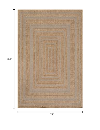 Beverly Rug Easy Jute Framed Border Rug 6x9 Washable Durable Indoor Outdoor Area Rugs for Living Dining Room Patio Office Stain Resistant Non Shedding Casual Indoor Outside Carpet 6 x 9 Natural