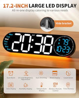 17.2 Inch Large Digital Wall Clock with 9 Color Changing Remote Control, Date Week Temperature, Auto Brightness Dimmer Big Clock Night Lights,Blue