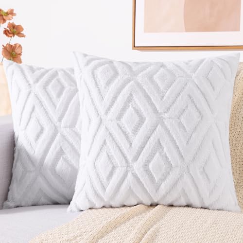 decorUhome Fall Faux Fur Pure White Throw Pillow Covers 18x18 Set of 2