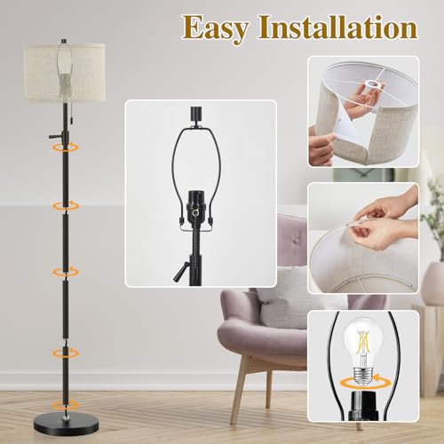 Black Floor Lamp, Height Adjustable Standing Lamp Tall Lamp with Fabric Lampshade&Pull Chain Corner Floor Lamps for Living Room, Bedroom & Office Bulbs Not Included(Black Base)