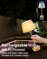 Cordless Lamp Rechargeable Table Lamps, 5000mAh Battery Operated Lights, 3 Level Brightness Dimmable, Portable Night Bedside Light for Patio, Restaurant, Dining, Fabric Shade, Antique Brass