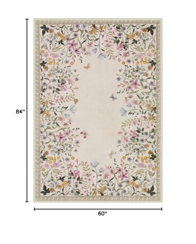 Wonnitar 5x7 Area Rug for Living Room, Floral Washable Rug for Bedroom, Boho Botanical Nursery Rug, Non Slip Soft Farmhouse Carpet, Beige Kids Playroom Decor (5x7 Beige)