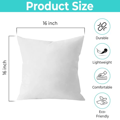 QUBA LINEN Throw Pillow Inserts (Set of 2, White), 16x16 Inches - Premium Cushion Fillers for Sofa, Bed, and Home Décor (16x16 Inch (Pack of 2))