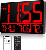 13" Bluetooth Auto Sync Wall Clock - Large Digital Alarm Clock with Remote, 25 Ringtones, Dual Alarm, Adjustable Brightness, 12/24H, Auto DST, for Living Room, Kitchen, Office, Elderly（Red）