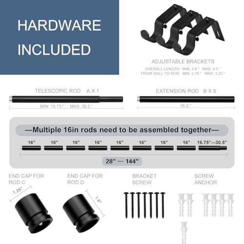 Byondeth Latest Curtain Rods for Windows 28 to 144 Inches Length Adjustable 1 Inch Diameter Window Heavy Duty Curtain Rod with Aluminium Finials Set for Outdoor, Farmhouse, Bedroom, Living Room, Black