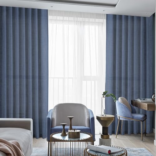 Navy Blue Polyester Curtains 96 Inches Long 2 Panel Set Midnight Blue Light Filtering Privacy Semi Sheer Curtain Panels Modern Farmhouse Window Drapes for Living Room Bedroom Indigo, 8FT
