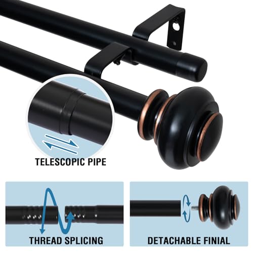 H.VERSAILTEX Double Curtain Rods for Windows 16.2 to 90.6 Inches 3/4 inch Diameter Adjustable Decorative Telescoping Double Curtain Rod with Brackets Heavy Duty Splicing Double Curtain Rods, Black