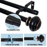 H.VERSAILTEX Double Curtain Rods for Windows 16.2 to 90.6 Inches 3/4 inch Diameter Adjustable Decorative Telescoping Double Curtain Rod with Brackets Heavy Duty Splicing Double Curtain Rods, Black