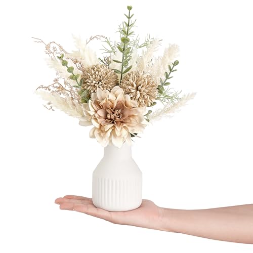 Mkono Small Artificial Flowers in Ceramic Vase 12.5" Centerpieces Coffee Table Decor, Silk Flower Arrangements for Home Decor Indoor Fake Flower Bouquet for Bathroom Dining Room Kitchen Wedding Brown