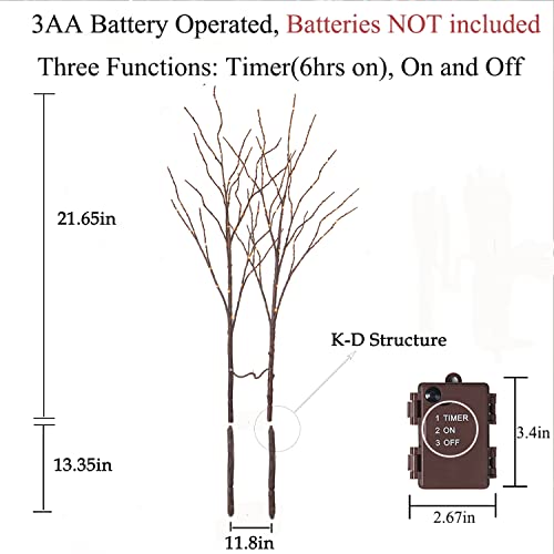 Hairui Lighted Brown Branches Battery Operated with Timer 32IN 100 LED Fairy Lights, Willow Branch Lights for Home Bedroom Fireplace Christmas Holiday Decoration Indoor Outdoor Use (Vase Excluded)