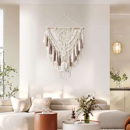 Lokeisna Macrame Wall Hanging, Woven Tapestry Beige & Dusty Rose Handmade Craft Macrame Wall Decor, Gallery & Nursery, Size 37.4” Lx27.5” W