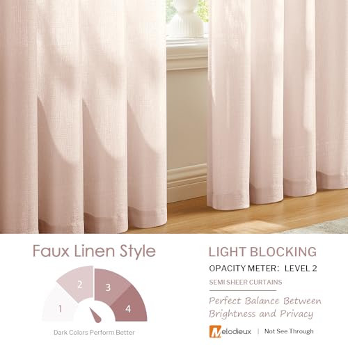 Melodieux Pink Sheer Curtains with Tiebacks - 84 Inches Long for Living Room, Rod Pocket, Linen Look Shiny Texture, Semi Sheer Light Filtering Curtain Drapes for Bedroom, 52" W x 84" L, 2 Panels