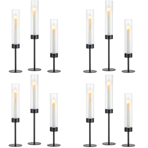 Hewory Black Hurricane Candle Holders: 12 PCS Tall Taper Candlestick Candle Holders Bulk for Candlesticks Candle Sticks Holder Decor for Table Centerpiece Wedding Party Christmas Decorations
