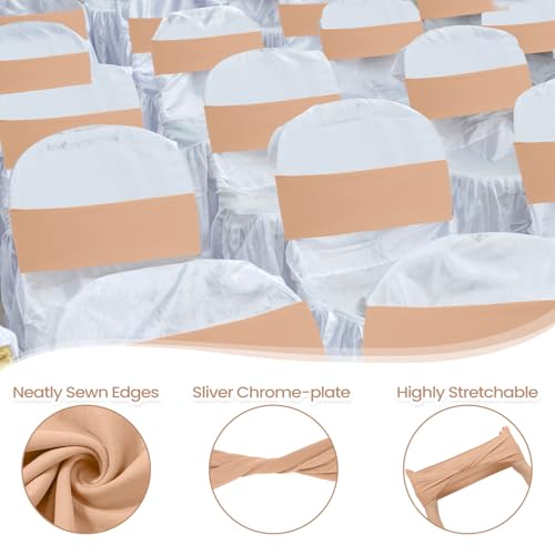 Kinlop 50 Pcs Spandex Chair Sashes Bows Chair Bands Slider Sashes for Covers Elastic Bands Ties Without Buckle Decorations for Wedding Party Events Ceremony Birthday(Nude)