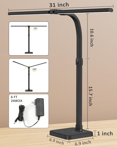 LED Desk Lamp for Home Office, Double Head 24W with Base, Architect Light 5 Lighting Brightness Flexible Gooseneck Table Reading Study, Black