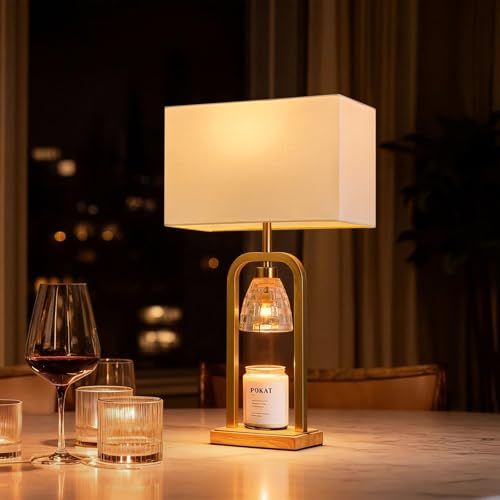 PoKat Gold Table Lamp Candle Warmer, Candle Warmer Lamp with Timer Dimmer, Wax Light Warming Table Lamp for Jar Candles, Modern Bedside Lamp for House Warming Home Decor Living Room, Bulb Included