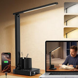 LED Desk Lamps for Home Office, Modern Dimmable Eye Cariing Desk Light with USB Charging Ports AC Outlet, Pen Holder,Touch/Memory/Timer, Kids Small Table Lamp for Reading, Bedroom, Study, Craft
