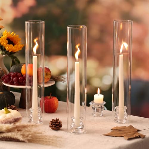 Volens Hurricane Glass Candle Holders - Set of 12 Candlestick Holders for Taper Candles with Windproof Cylinder Covers 14" Tall Clear Glass Chimney Cover for Wedding Table Centerpiece Fall Home Decor