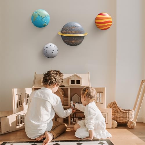 4Pcs Outer Space Planets Wall Decor, Cute Astronauts Galaxy Planet Nursery Wall Sculptures, 3D Outer Space Theme Hanging Art for Kids Room Boys Bedroom