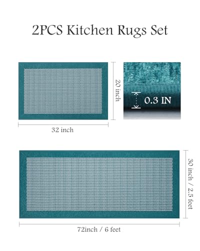 PADOOR Extra Large Kitchen Runner Rugs and Mats 2PCS, 2.5'x6'+20"x32",Teal